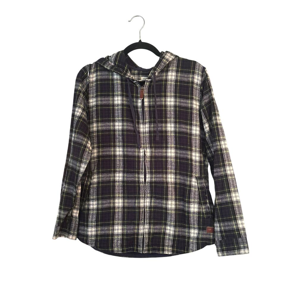 LL Bean Flannel Shirt Womens M Green Scotch Plaid Relaxed Fit Zip Hoodie Pockets
